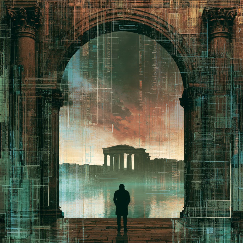 An archway opening onto a classical temple across water, evoking secure passage between domains